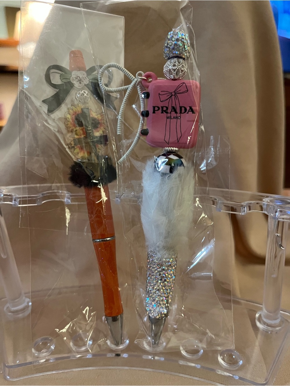 Prada Pink Logo Charm Pen - Pink and White Decorative Pen